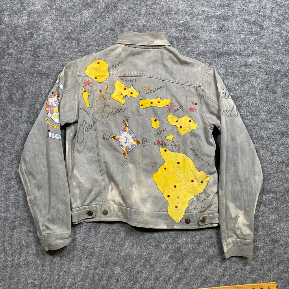 Phoenix Brand Mens Gray Bleached Denim Jacket‎ Hawaii Map Studded Rhinestone L